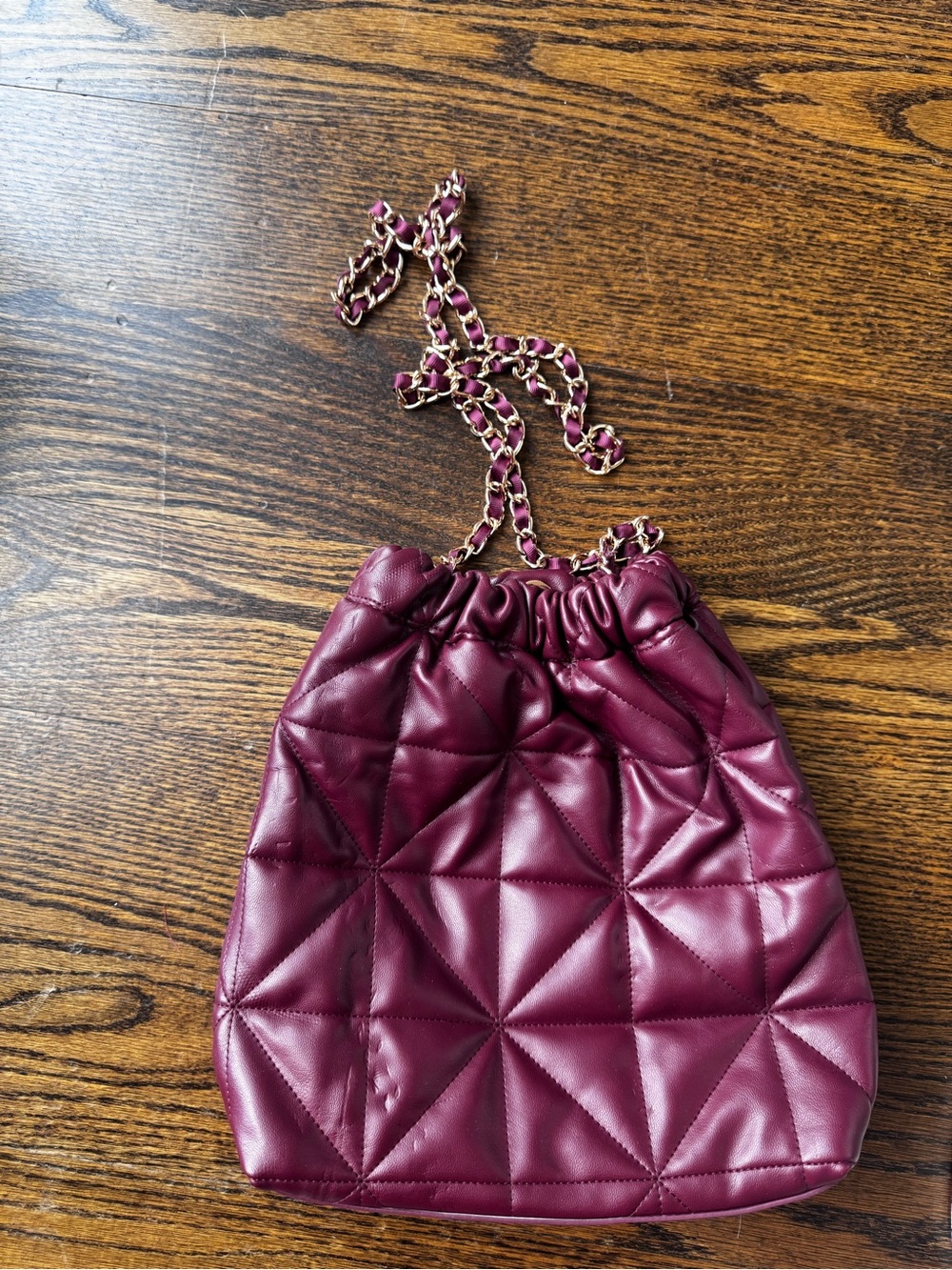 a new day Quilted Wine Drawstring Crossbody with Gold Chain